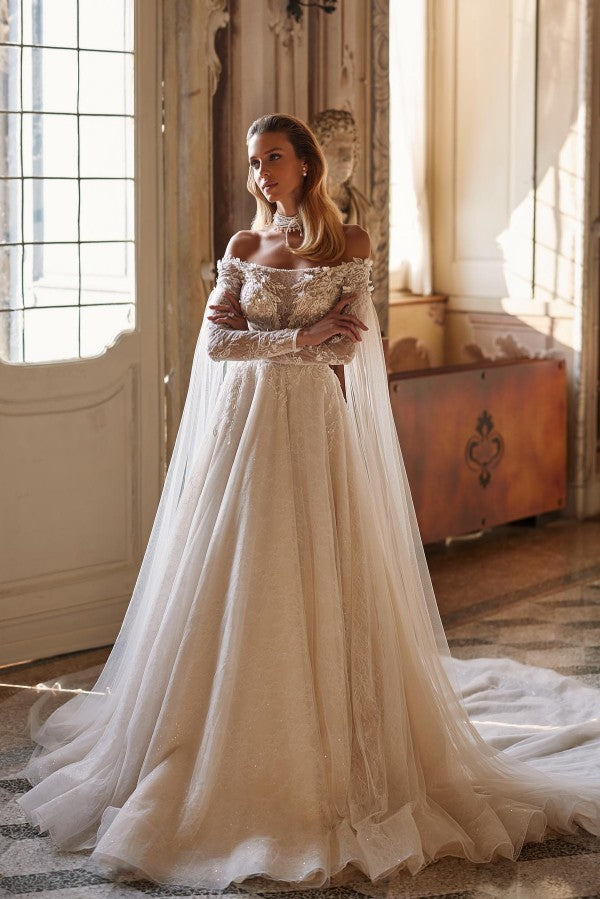 Fashion Long A-line Off the Shoulder Tulle Lace Wedding Gown with Slee Fashion Long A-line Off the Shoulder Tulle Lace Wedding Gown with Slee