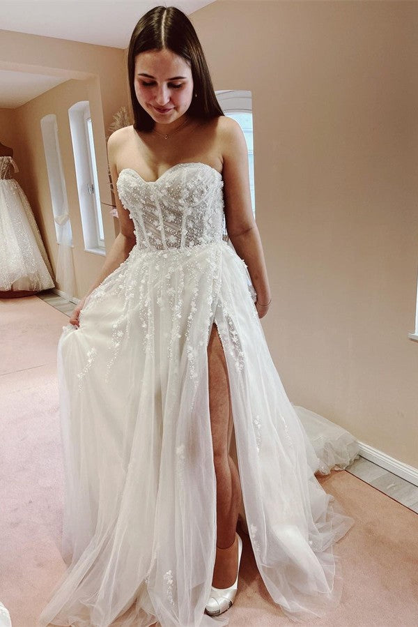 Fashion Long A-line Sweetheart Tulle Lace Wedding Dress with Slit Fashion Long A-line Sweetheart Tulle Lace Wedding Dress with Slit