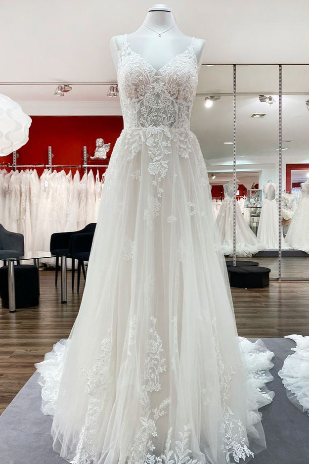 Fashion Long A-Line V-Neck Tulle Spaghetti Straps Lace Bridal Dress Fashion Long A-Line V-Neck Tulle Spaghetti Straps Lace Bridal Dress