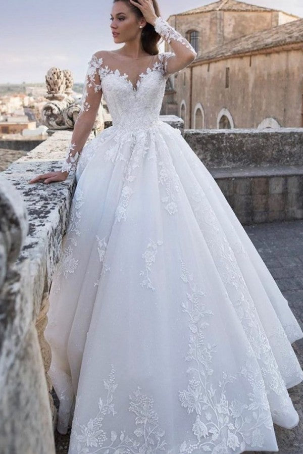 Fashion Long Sleeve Princess Sweetheart Floral Lace Applique Wedding G Fashion Long Sleeve Princess Sweetheart Floral Lace Applique Wedding G