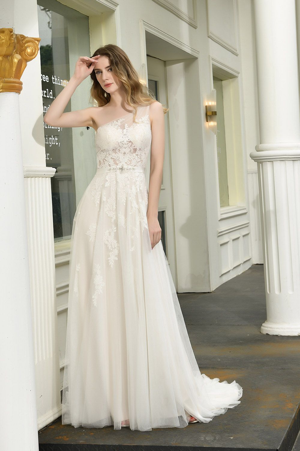 Fashion One Shoulder Tulle Lace A-Line Wedding Dress