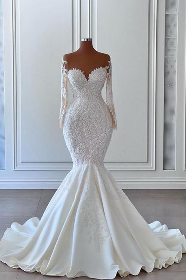 Fashion White Long Mermaid Sweetheart Satin Lace Wedding Gown with Sleeves Fashion White Long Mermaid Sweetheart Satin Lace Wedding Gown with Sleeves