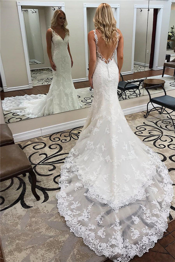 Fitted Mermaid Wedding Dress with Straps V Neck Applique Charpel Train Fitted Mermaid Wedding Dress with Straps V Neck Applique Charpel Train