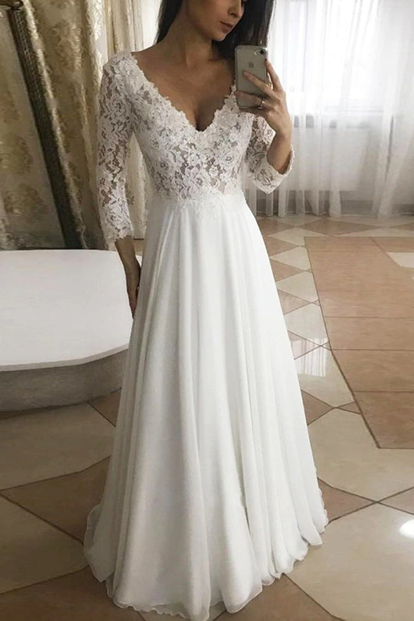 long sleeve v neck a line wedding dress Floeal Lace Long Sleeve V-neck A-line Wedding Dress