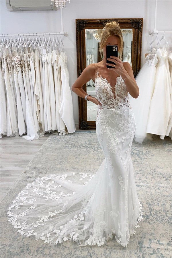 chapel train lace wedding dress Long Sleeve Lace Applique Wedding Dresses Chapel Train Bridal Dresses W0060 As Pictured / 16W