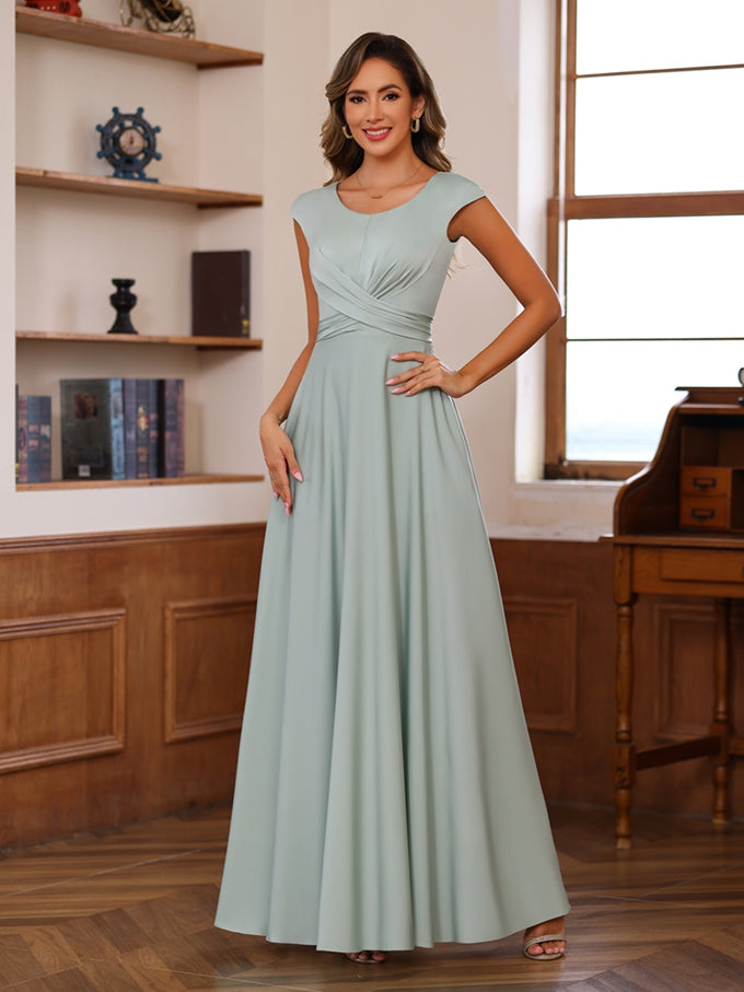 Floor-Length Mother of the Bride A-Line Dress with Scoop Neck and Ruffled  Short Sleeves