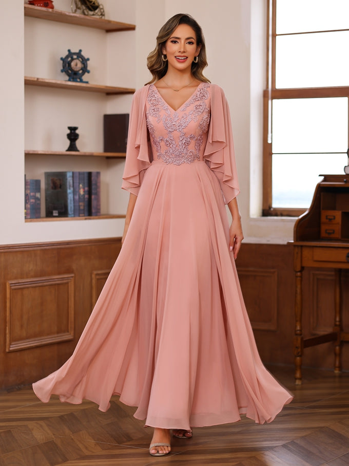 Floor-Length Princess V-Neck Mother of the Bride A-Line Dress with Appliques & Wrap Floor-Length Princess V-Neck Mother of the Bride A-Line Dress with Appliques & Wrap