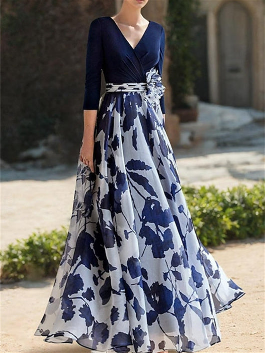 Floral Mother of the Bride Dress with V Neck and 3/4 Sleeves in A-Line/