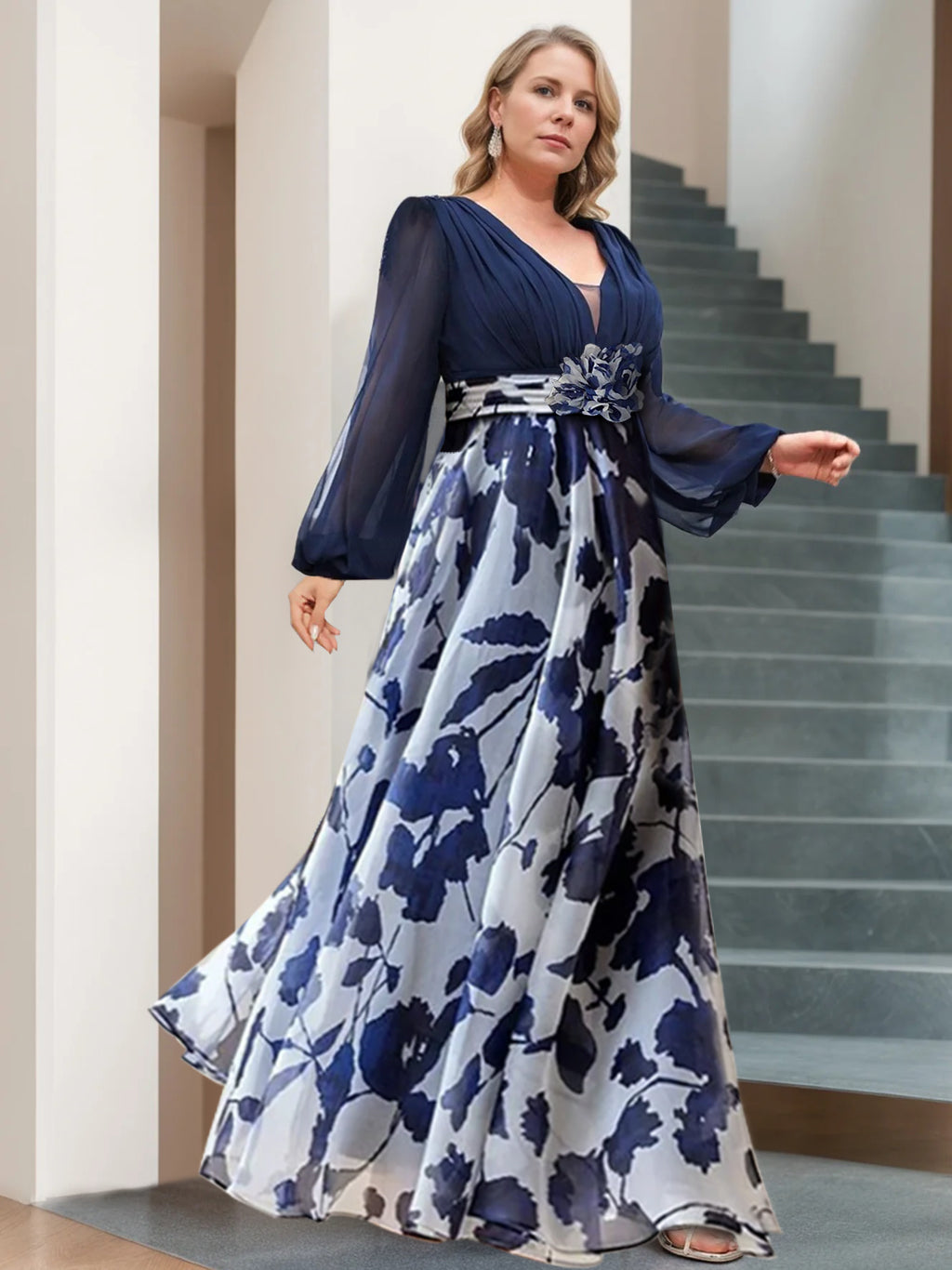 long plus size mother of the bride dresses Floral Plus Size Mother of the Bride Dress with V-Neck and Long Sleeves