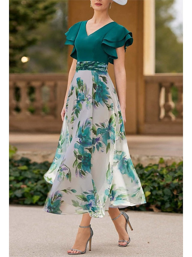 Floral V-Neck A-Line Princess Short Sleeve Ankle-Length Mother of the Bride  Dress