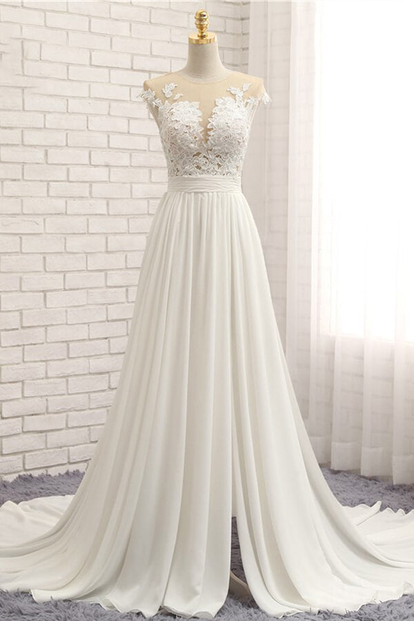 Front Slit Appliques Chiffon A-line Bridal Dress
