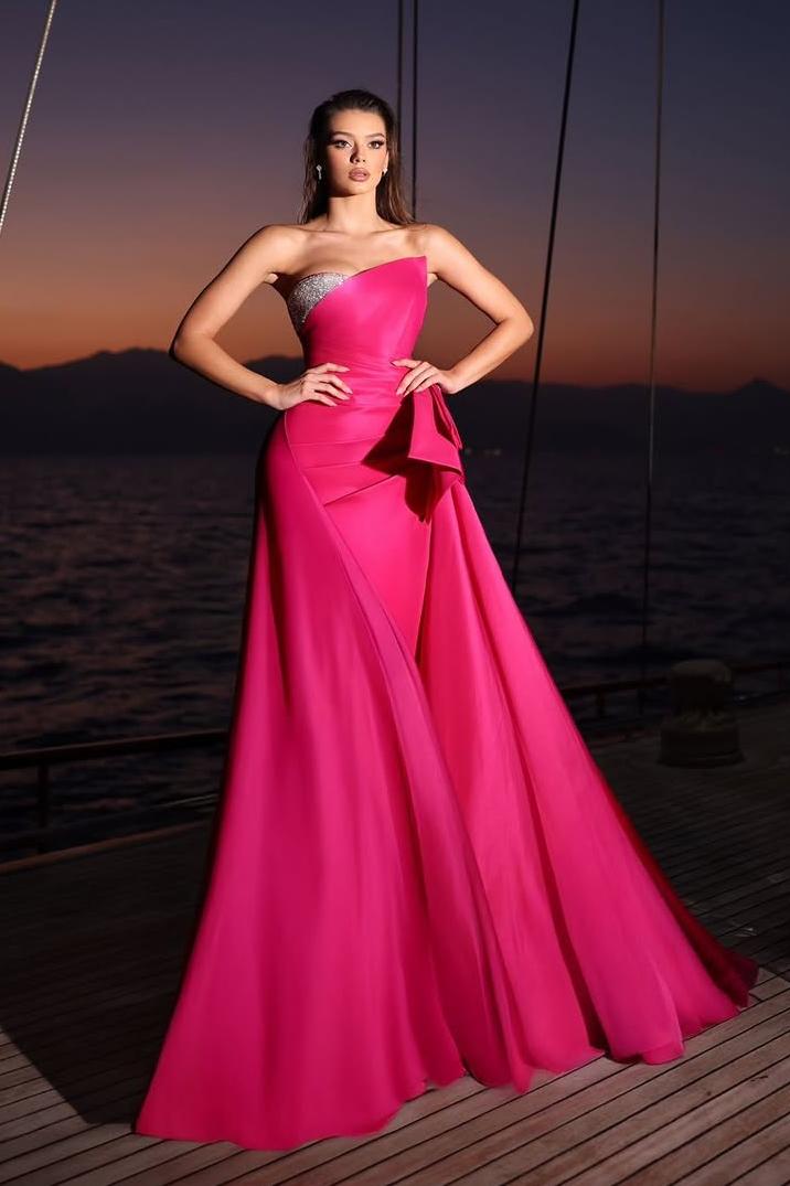 Fuchsia Sleeveless Strapless Long Formal Dress With Pleated Beading Fuchsia Sleeveless Strapless Long Formal Dress With Pleated Beading