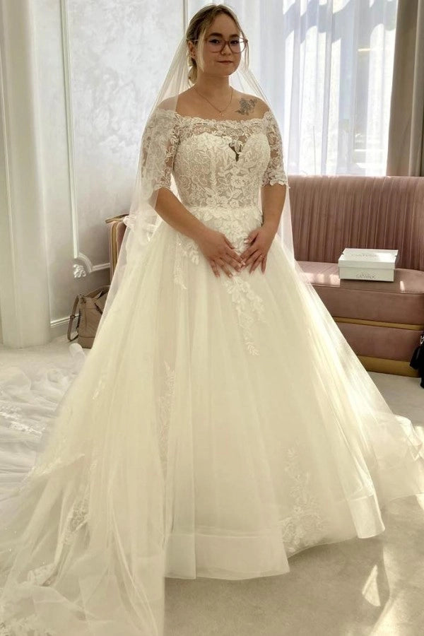 Glamorous Ivory Off-The-Shoulder Half Sleeve A-line Wedding Dress with