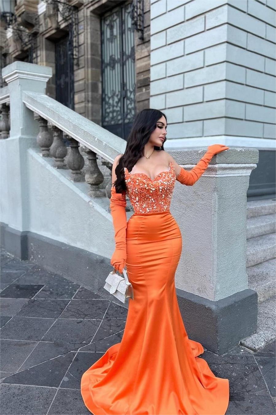 Glamorous Orange Stain Strapless Mermaid Beaded Long Formal Dress With Gloves Glamorous Orange Stain Strapless Mermaid Beaded Long Formal Dress With Gloves