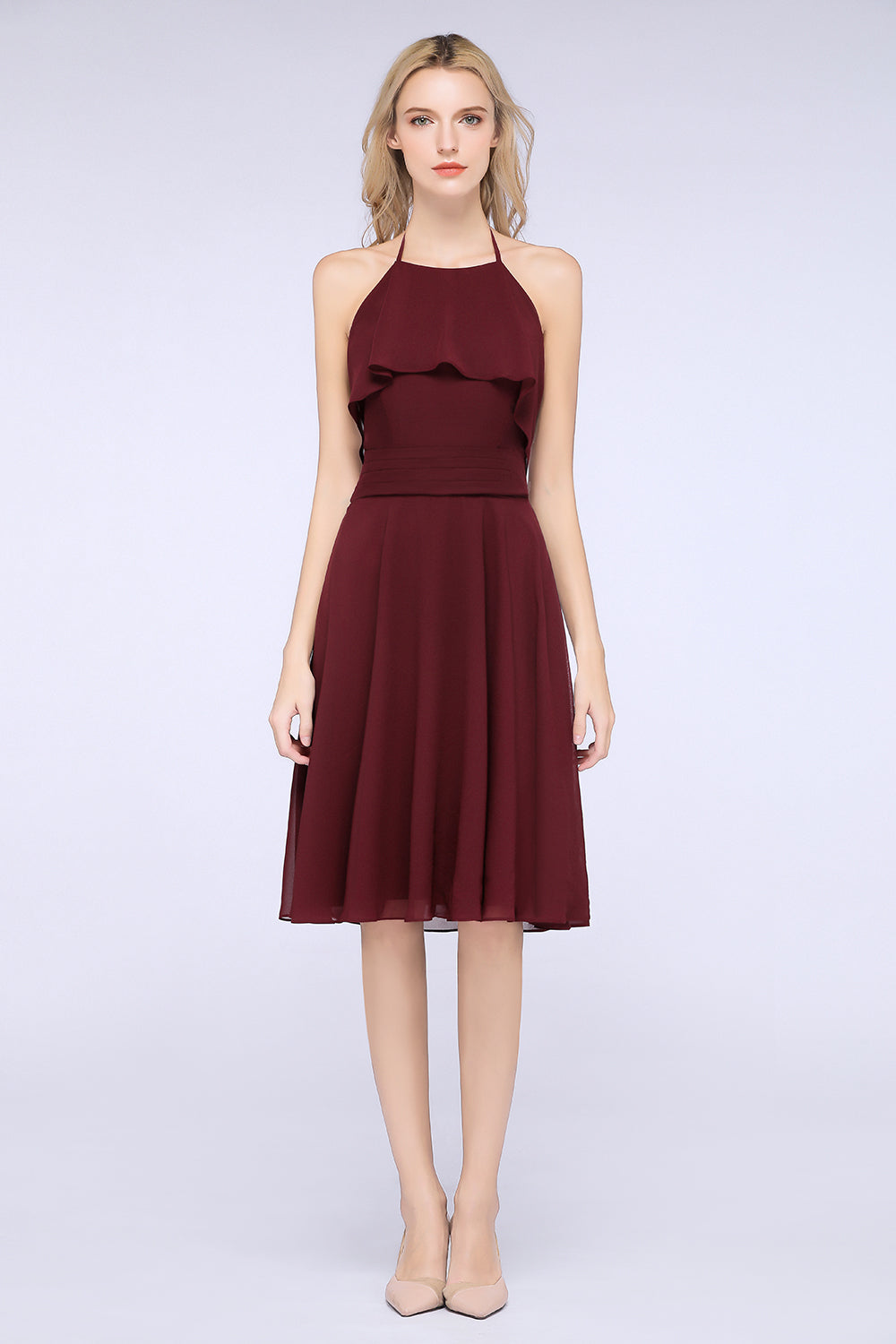 Gorgeous Halter Sleeveless Chiffon Short Bridesmaid Dresses with Ruffle