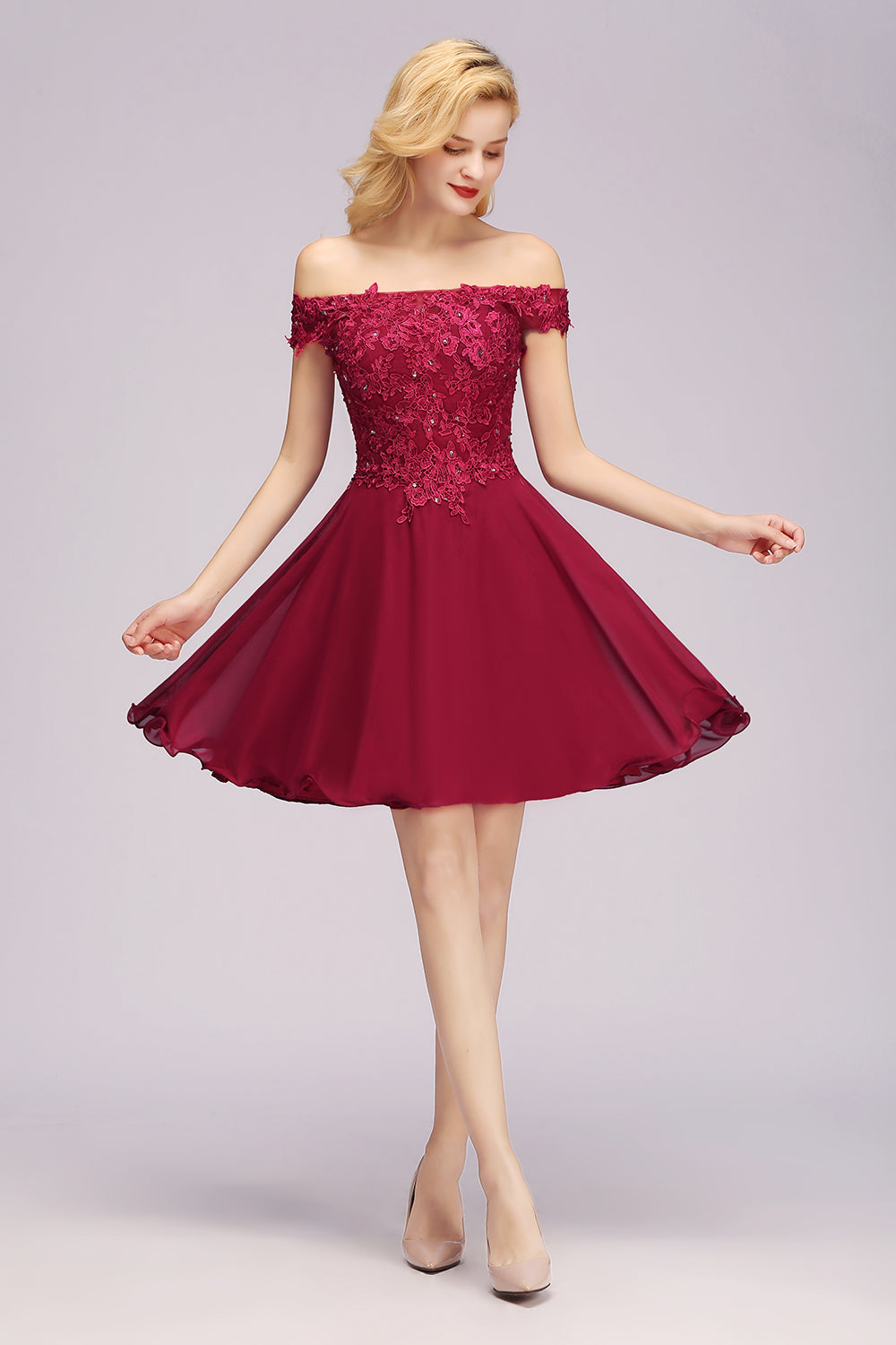 Gorgeous Lace Off-the-shoulder Short Burgundy Bridesmaid dresses
