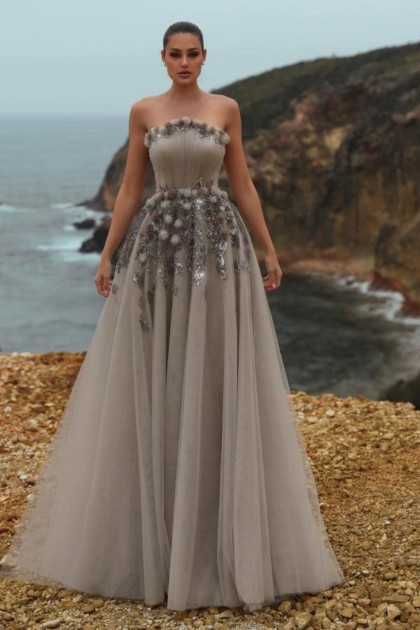 Gray A-Line Prom Dress Strapless 3D Pom-Pom Floral Trim Vertical Pleated Bodice 3D Floral Gold Sequin Vine Applique Tulle Evening Gown