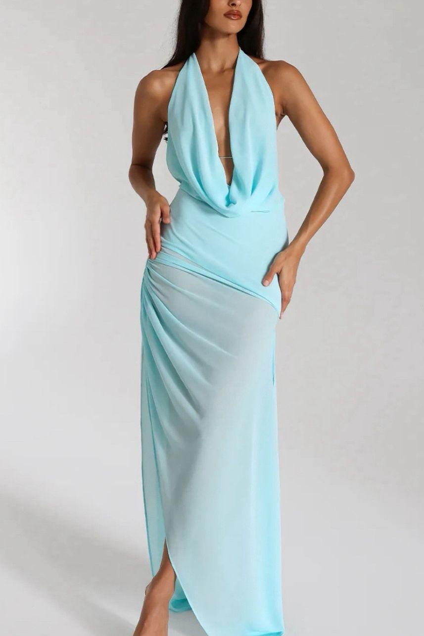 open lace back dress Halter Backless Sleeveless Pleated Long Formal Dress With Split