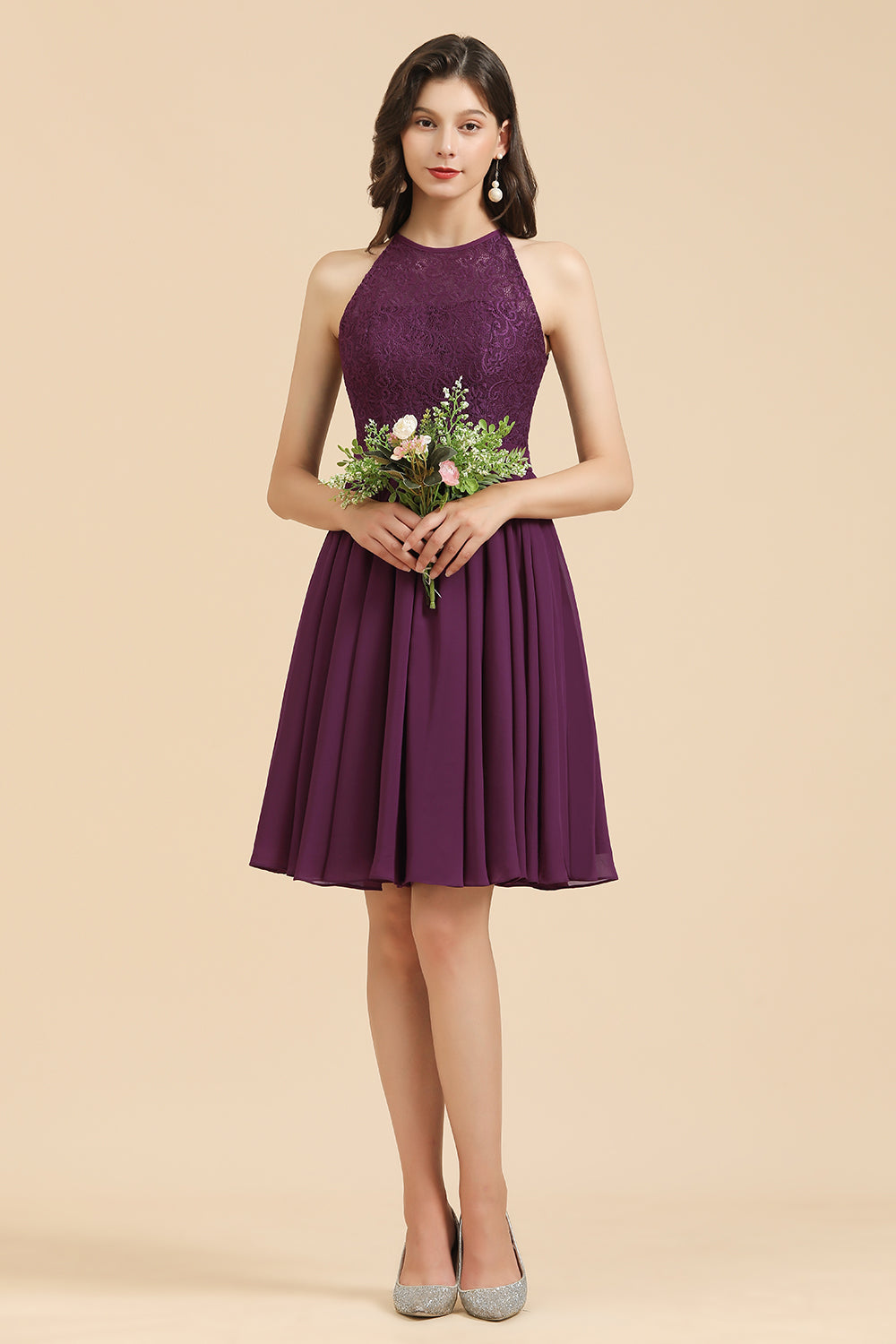 Halter Lace Bridesmaid Dresses Chiffon Sleeveless Short Dress