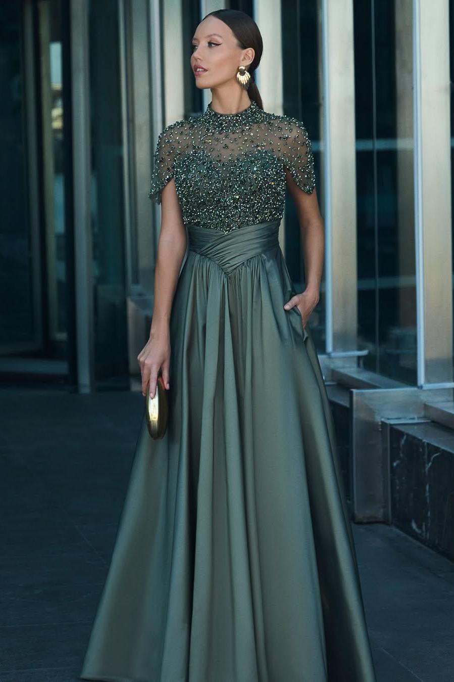 High Neck Short Sleeves Long Formal Dress With Beading Pockets High Neck Short Sleeves Long Formal Dress With Beading Pockets