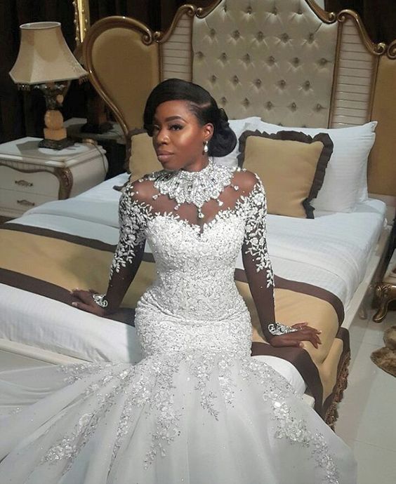 High Neck Wedding Dress with Mermaid Beads and Lace Appliques High Neck Wedding Dress with Mermaid Beads and Lace Appliques