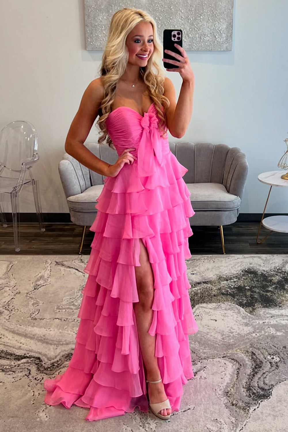 Hot Pink Sweetheart A-Line Chiffon Long Ruffled Prom Dress with Slit Hot Pink Sweetheart A-Line Chiffon Long Ruffled Prom Dress with Slit