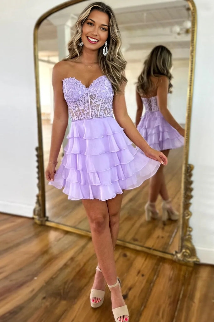 Koscy A-Line Strapless Tiered Corset Short Homecoming Dress with Appli Koscy A-Line Strapless Tiered Corset Short Homecoming Dress with Appli