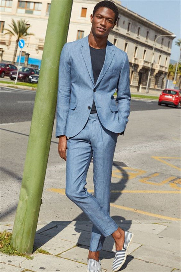 Koscy Linen Navy Blue Casual Slim Fit Dinner Prom Suit - Online