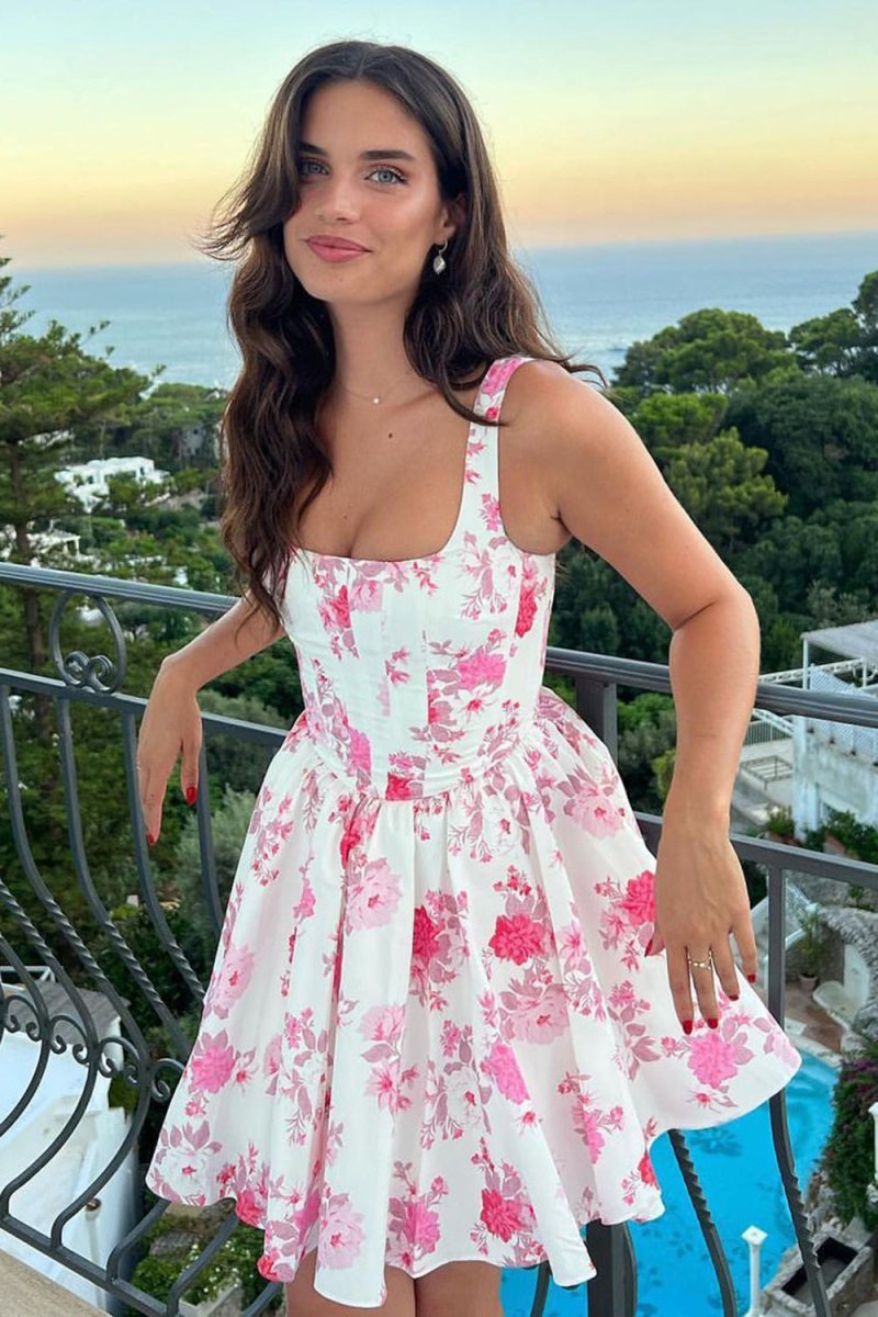 Koscy Pink A Line Floral Short Homecoming Dress Koscy Pink A Line Floral Short Homecoming Dress