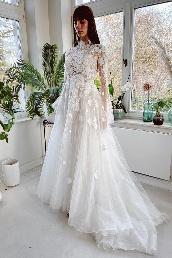 Long A-line High Neck Tulle Lace Wedding Gown with Sleeves
