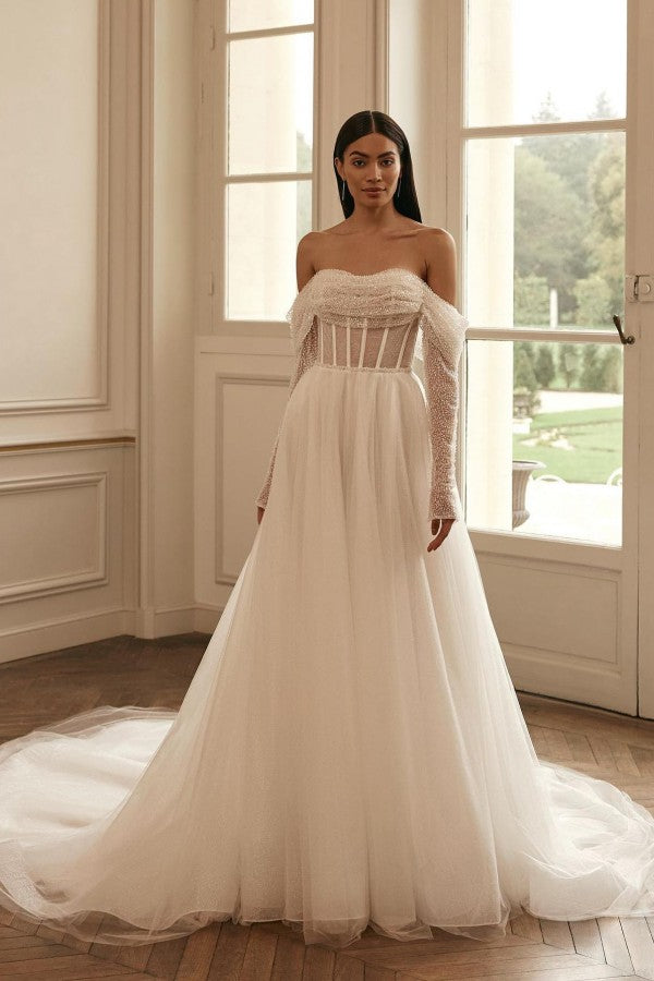 slim fit dress slacks Sequined Glitter Off the Shoulder Wedding Dress Sweetheart Neck Luxury –  Elsi John main image 0