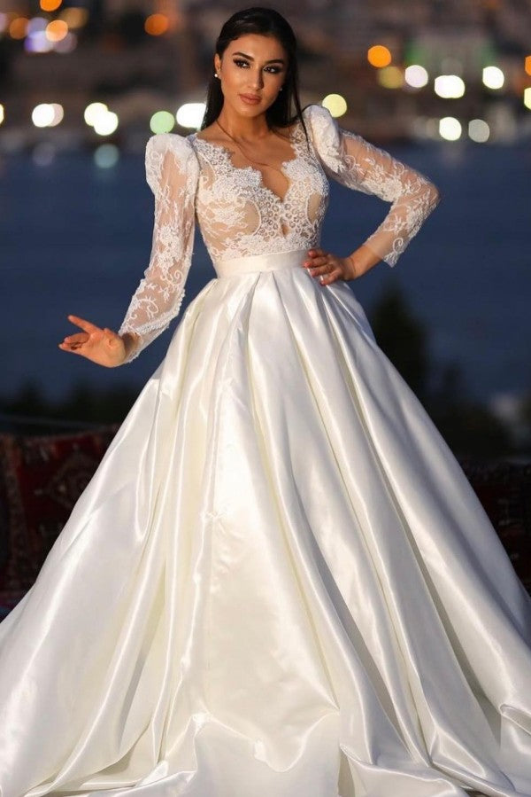 Long A-line Sweetheart Satin Lace Wedding Gown with Sleeves Long A-line Sweetheart Satin Lace Wedding Gown with Sleeves