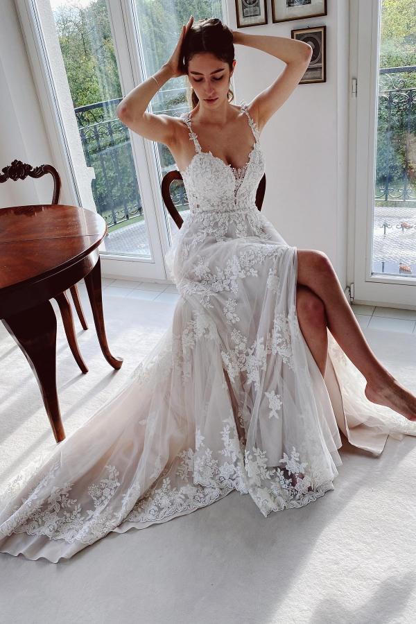Long A-line Sweetheart Tulle Lace Wedding Dress with Slit