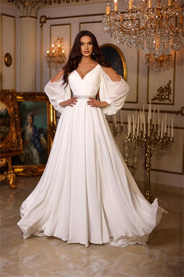 Long A-line V-neck Chiffon Backless Wedding Gown with Sleeves Chic Long A-line V-neck Chiffon Backless Wedding Gown with Sleeves Chic
