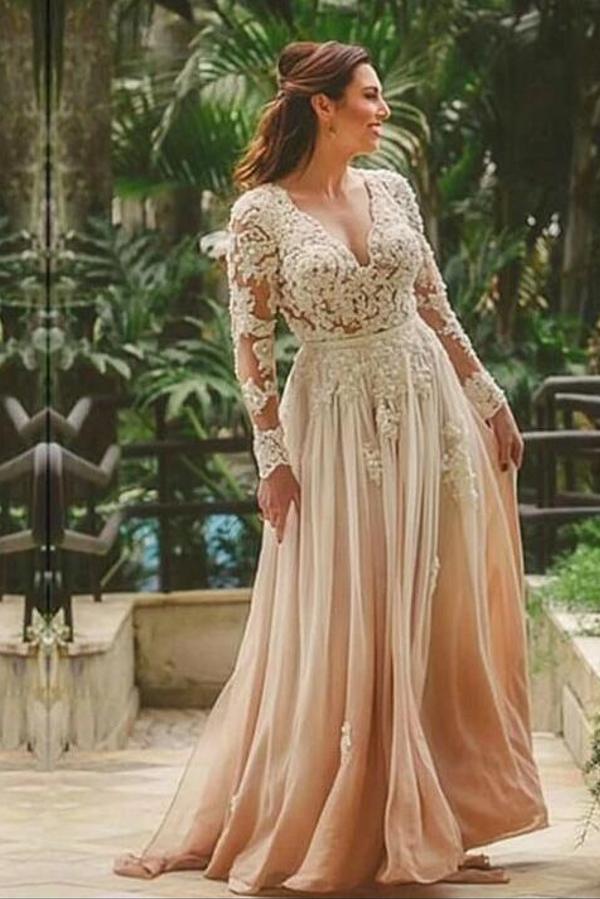 Long A-line V-neck Chiffon Lace Backless Wedding Gown with Sleeves Long A-line V-neck Chiffon Lace Backless Wedding Gown with Sleeves