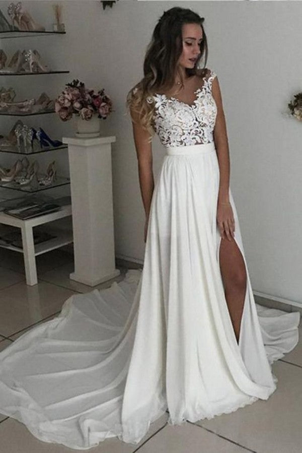 Long A-line V-neck Chiffon Lace Wedding Dress with Slit Long A-line V-neck Chiffon Lace Wedding Dress with Slit