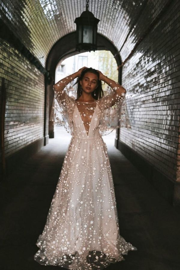 Long A-line V-neck Puffy Sleeves Wedding Dress with Scoop Neck and Sta Long A-line V-neck Puffy Sleeves Wedding Dress with Scoop Neck and Sta