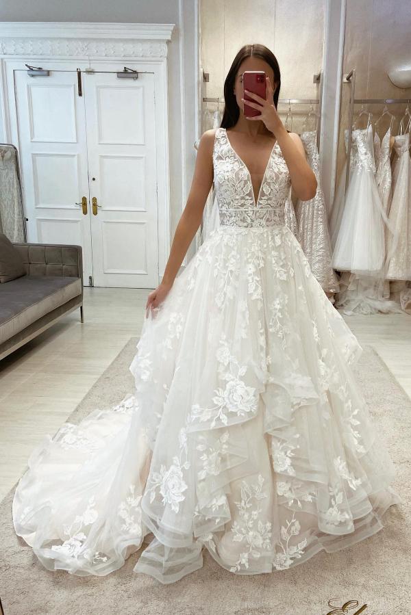 Long A-line V-neck Tulle Lace Backless Wedding Dress Long A-line V-neck Tulle Lace Backless Wedding Dress