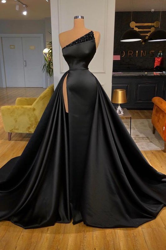 Long Black Prom Dress with Overskirt Featuring Beaded Slit Long Black Prom Dress with Overskirt Featuring Beaded Slit