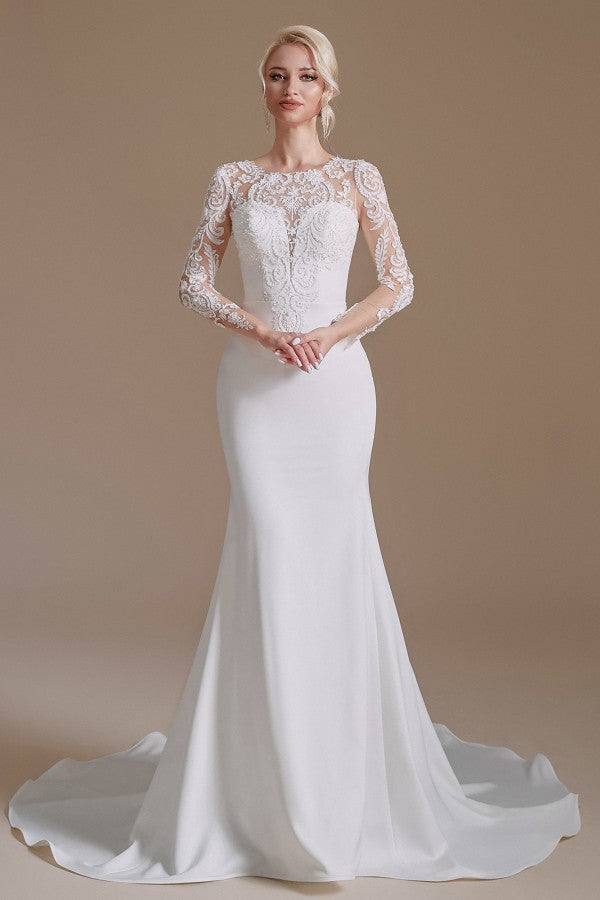Long Fashion Mermaid Wedding Dress with Jewel Satin Lace Sleeves Long Fashion Mermaid Wedding Dress with Jewel Satin Lace Sleeves