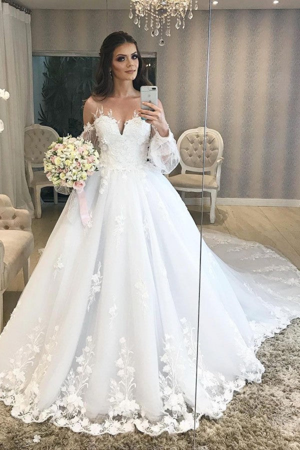 Long Fashion Princess Off-the-Shoulder Tulle Wedding Dress with Bubble Sleeves Long Fashion Princess Off-the-Shoulder Tulle Wedding Dress with Bubble Sleeves