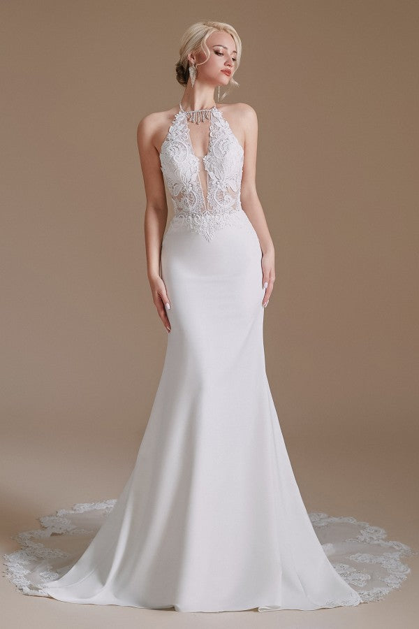 Long Mermaid Halter Backless Satin Wedding Gown with Appliques Lace Long Mermaid Halter Backless Satin Wedding Gown with Appliques Lace
