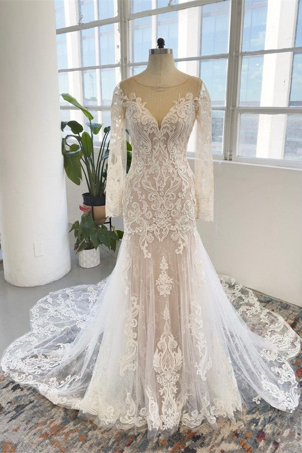 Long Mermaid Jewel Tulle Lace Backless Wedding Gown with Sleeves - Chic Long Mermaid Jewel Tulle Lace Backless Wedding Gown with Sleeves - Chic