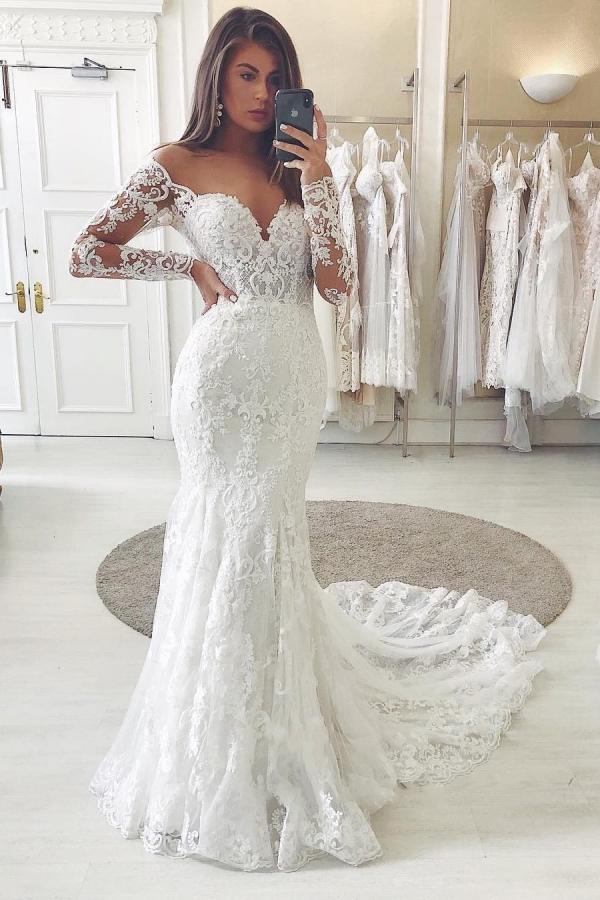 Long Mermaid Off-the-shoulder Lace Wedding Dress with Sleeves Long Mermaid Off-the-shoulder Lace Wedding Dress with Sleeves