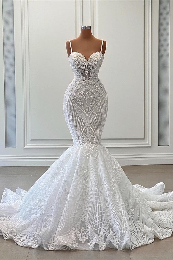 Long Mermaid Sweetheart Tulle Lace Wedding Dress with Ruffles