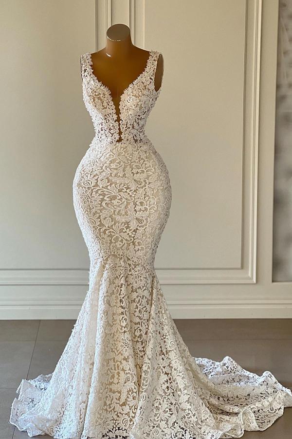 Long Mermaid V-Neck Floral Lace Wedding Gown