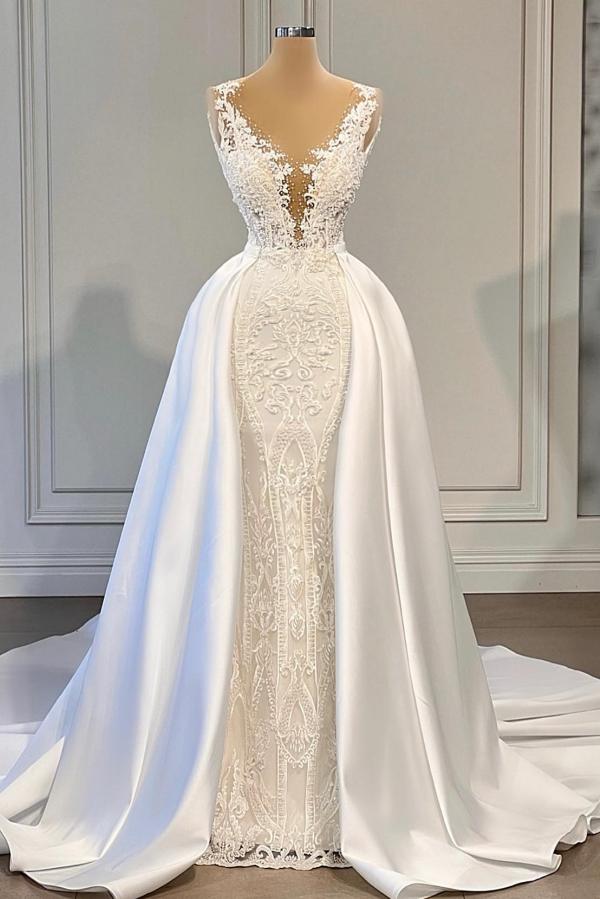 Long Mermaid V-neck Lace Wedding Gown with Satin Detachable Train Long Mermaid V-neck Lace Wedding Gown with Satin Detachable Train