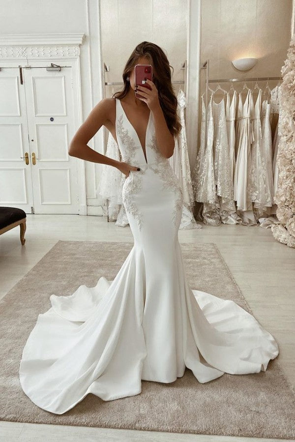 Long Mermaid V-neck Satin Backless Wedding Dress Long Mermaid V-neck Satin Backless Wedding Dress