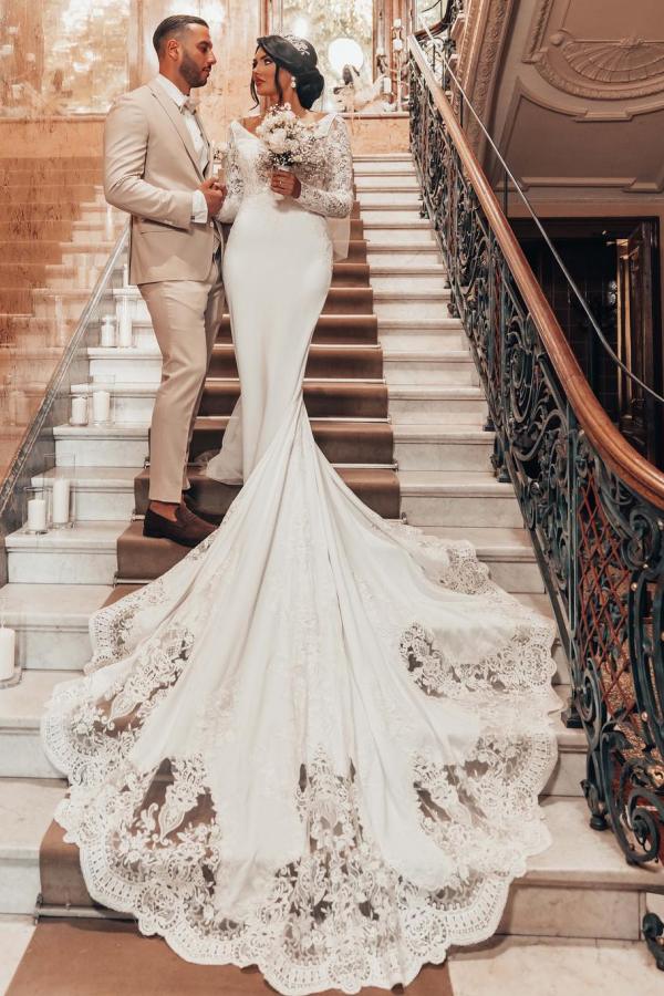 orange lace wedding dress Embroidery bead sheer bodice open back mesh wedding gown GLGL3417 –  smcfashion.com