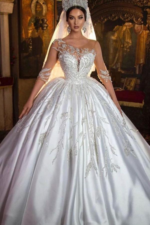 Long Princess Sweetheart Satin Wedding Dress with Sleeves